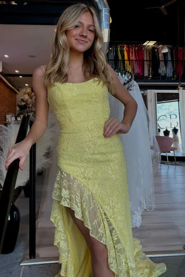 Spaghetti Straps Lace-Up Mermaid Lace Ruffle Split Party Prom Dress