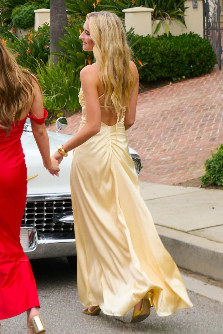 Spaghetti Straps Lace-Up Satin Floor-Length Party Prom Dress