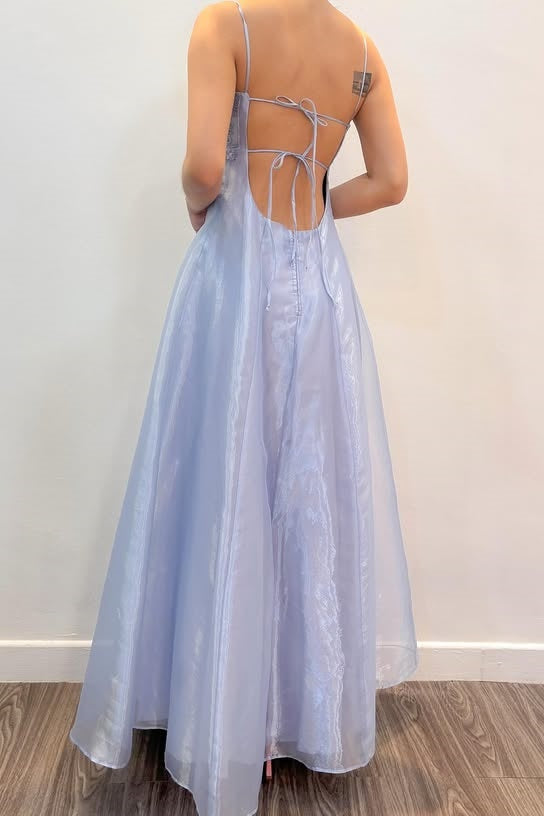 Spaghetti Straps Lace-Up Tulle A-Line Appliques Party Prom Dress