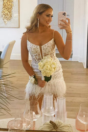 Spaghetti Straps Lace And Feathers Mini Homecoming Dress
