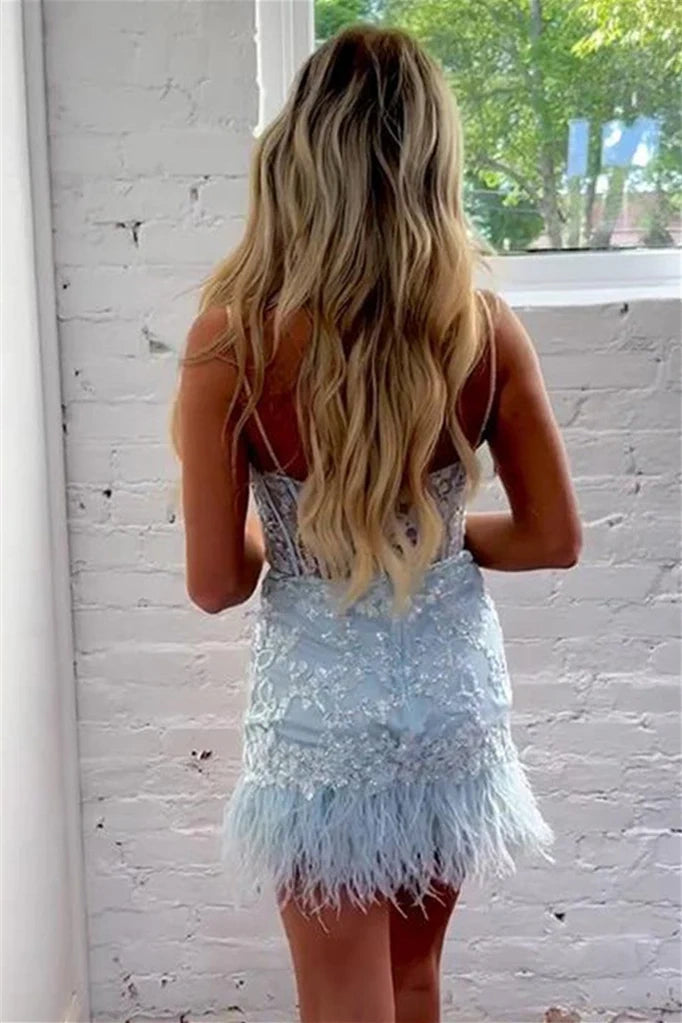 Spaghetti Straps Lace And Feathers Mini Homecoming Dress