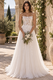 Spaghetti Straps Lace And Tulle A-Line Backless Wedding Dress 