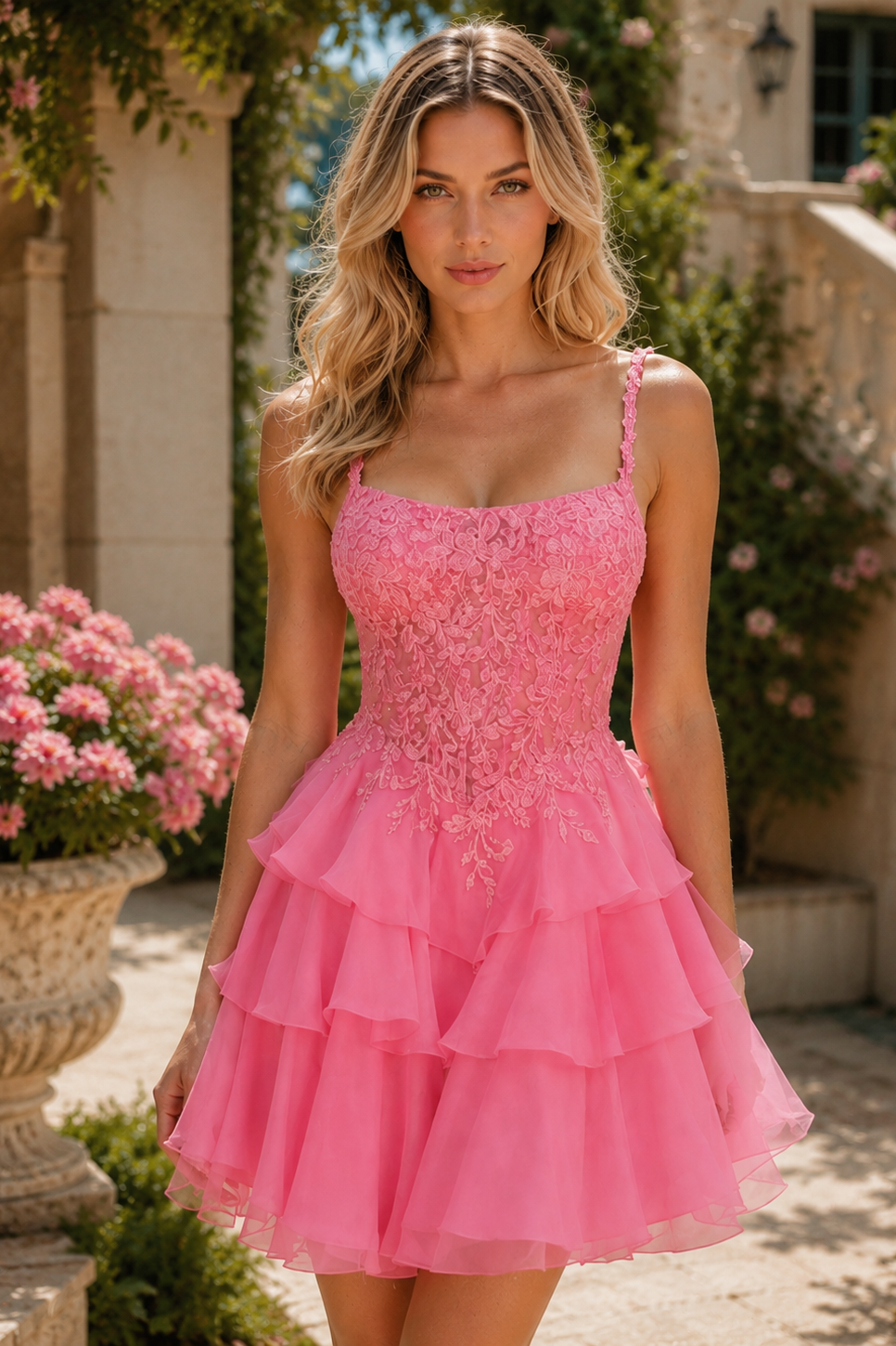 Spaghetti Straps Lace Appliques Chiffon A-Line Tiered Homecoming Dress