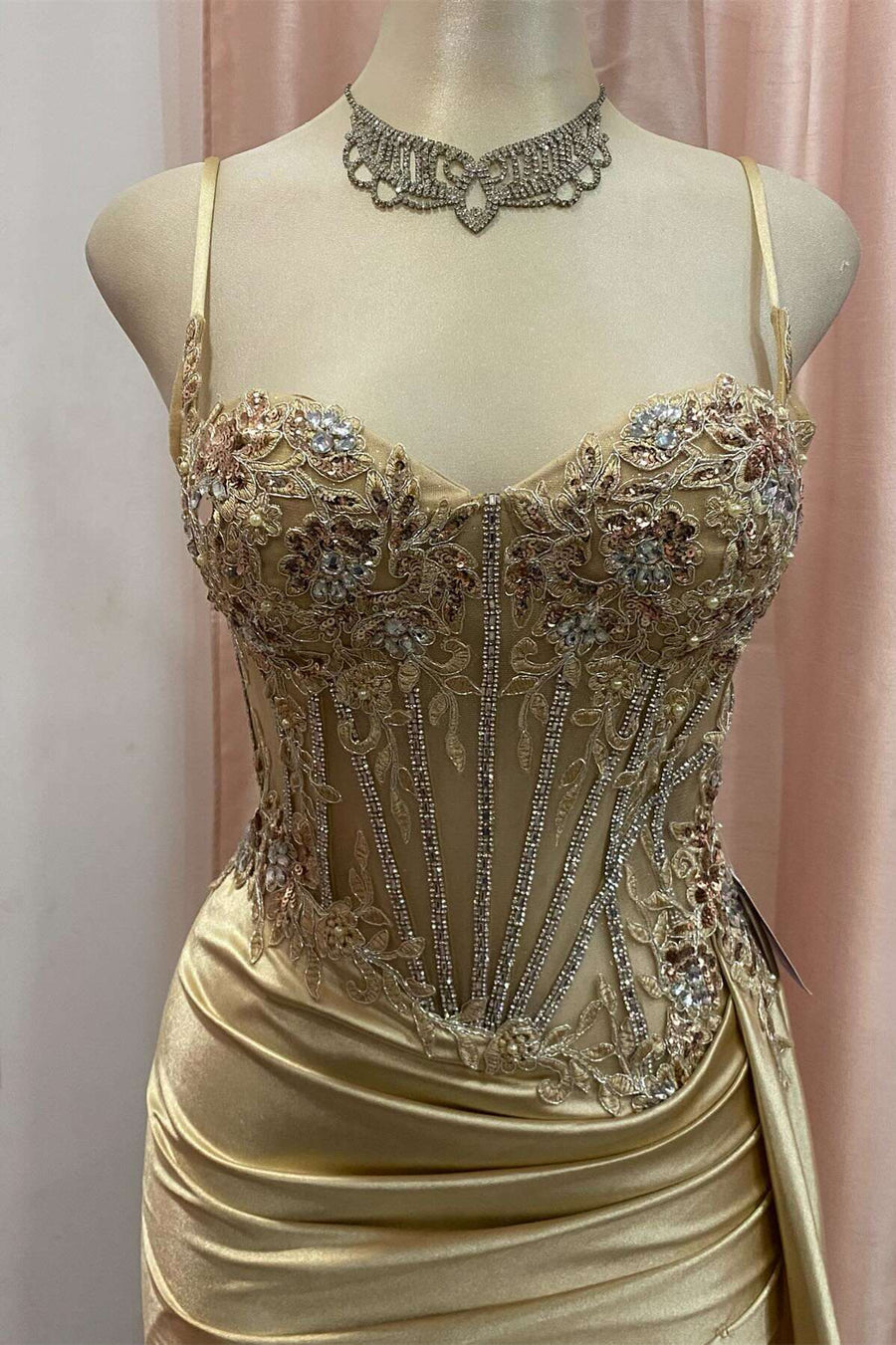 Spaghetti Straps Lace Appliques Mermaid Party Prom Dress With Slit