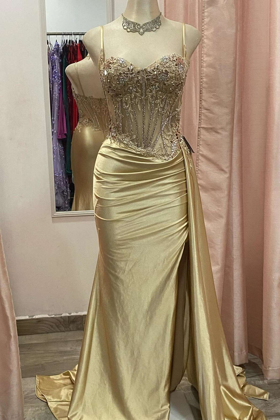 Spaghetti Straps Lace Appliques Mermaid Party Prom Dress With Slit