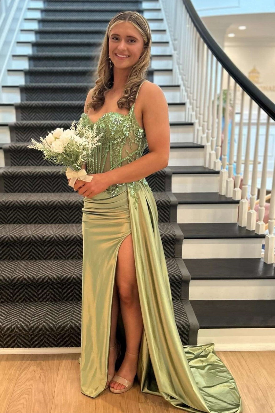 Spaghetti Straps Lace Appliques Mermaid Party Prom Dress With Slit