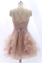 Spaghetti Straps Lace Appliques Ruffle Tulle A-Line Homecoming Dress