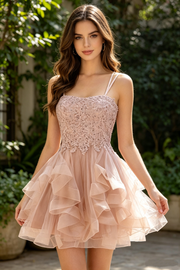 Spaghetti Straps Lace Appliques Ruffle Tulle A-Line Homecoming Dress