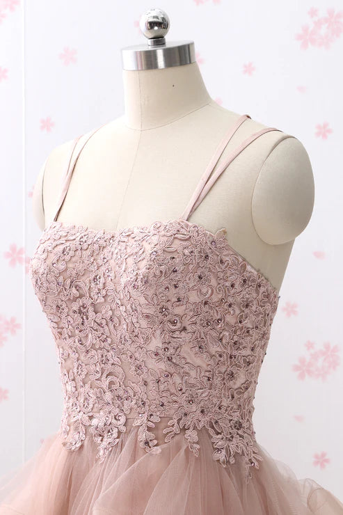 Spaghetti Straps Lace Appliques Ruffle Tulle A-Line Homecoming Dress