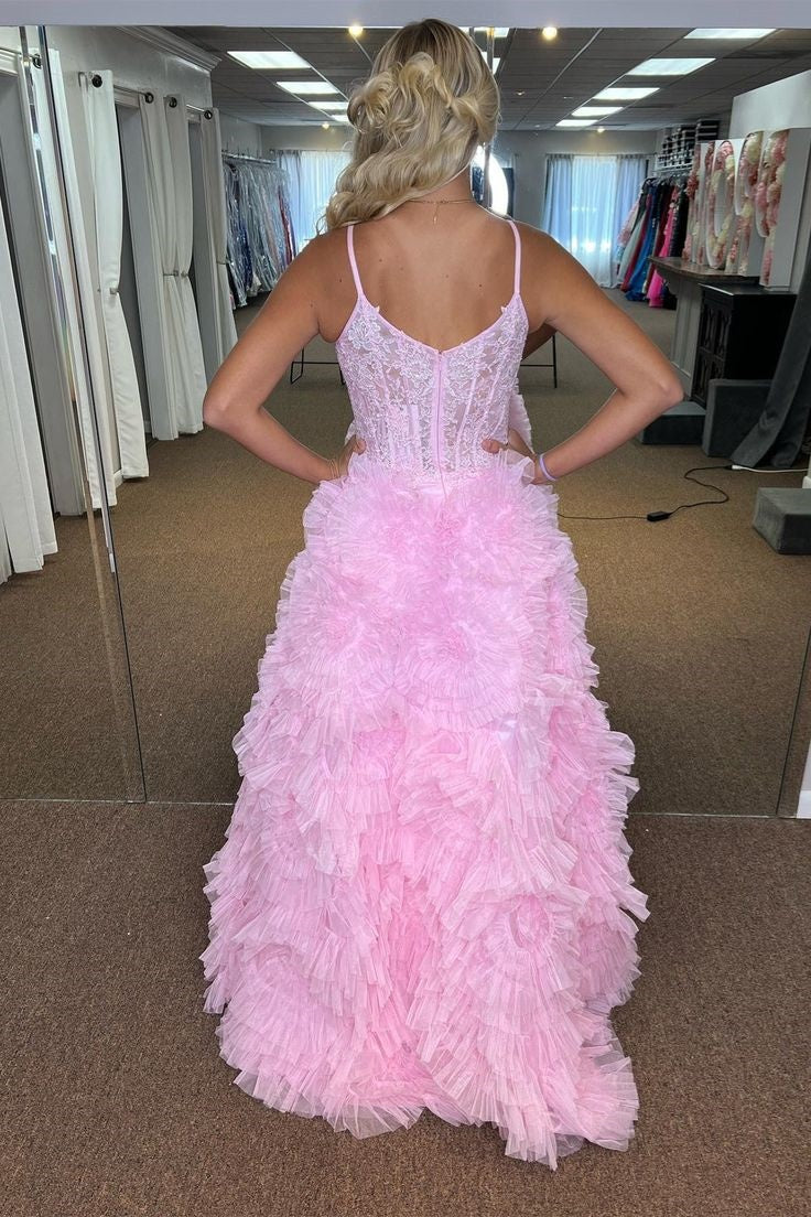 Spaghetti Straps Lace Appliques Tulle A-Line Formal Party Prom Dress