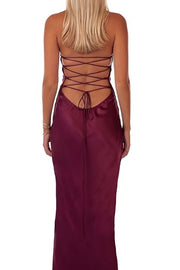 Spaghetti Straps Lace Up Beaded Long Party Evening Dress