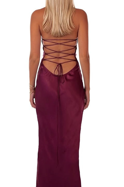 Spaghetti Straps Lace Up Beaded Long Party Evening Dress