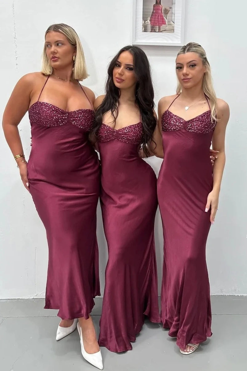 Spaghetti Straps Lace Up Beaded Long Party Evening Dress