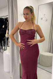 Spaghetti Straps Lace Up Beaded Long Party Evening Dress