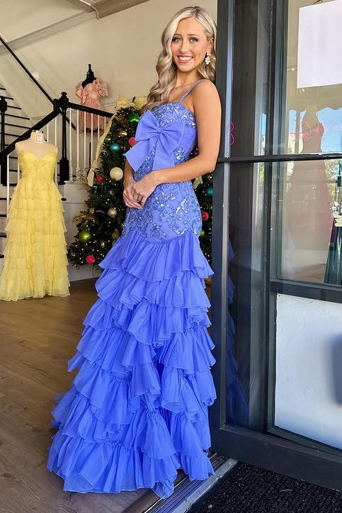 Spaghetti Straps Mermaid Appliques Tiered Party Prom Dress