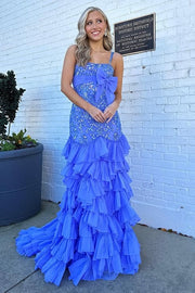 Spaghetti Straps Mermaid Appliques Tiered Party Prom Dress