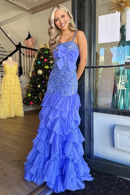 Spaghetti Straps Mermaid Appliques Tiered Party Prom Dress