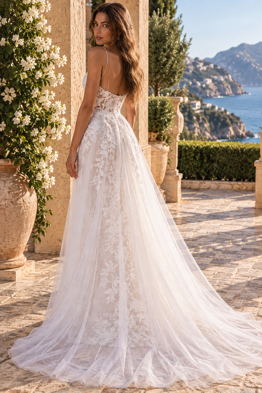 Spaghetti Straps Mermaid Lace Wedding Dress With Tulle Train
