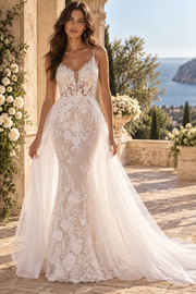 Spaghetti Straps Mermaid Lace Wedding Dress With Tulle Train