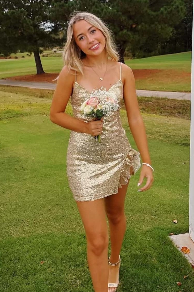 Spaghetti Straps Mini Fully Sequin V-Neck Party Homecoming Dress