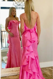 Spaghetti Straps Open Back Ruffled Mermaid Prom Dress