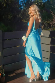 Spaghetti Straps Open Back Satin A-Line Party Prom Dress