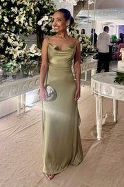 Spaghetti Straps Open Back Satin Ruffle Long Bridesmaid Dress