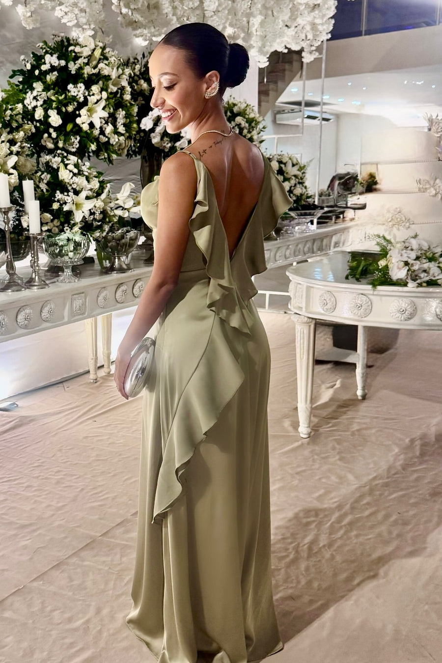 Spaghetti Straps Open Back Satin Ruffle Long Bridesmaid Dress