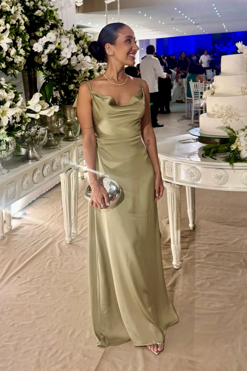 Spaghetti Straps Open Back Satin Ruffle Long Bridesmaid Dress