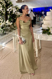 Spaghetti Straps Open Back Satin Ruffle Long Bridesmaid Dress