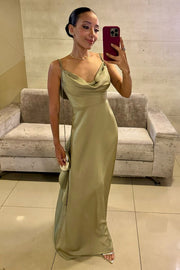 Spaghetti Straps Open Back Satin Ruffle Long Bridesmaid Dress