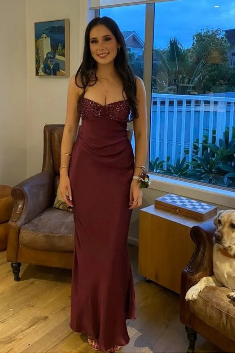 Spaghetti Straps Lace Up Beaded Long Party Evening Dress
