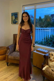 Spaghetti Straps Lace Up Beaded Long Party Evening Dress