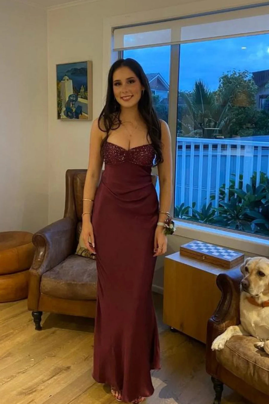 Spaghetti Straps Lace Up Beaded Long Party Evening Dress