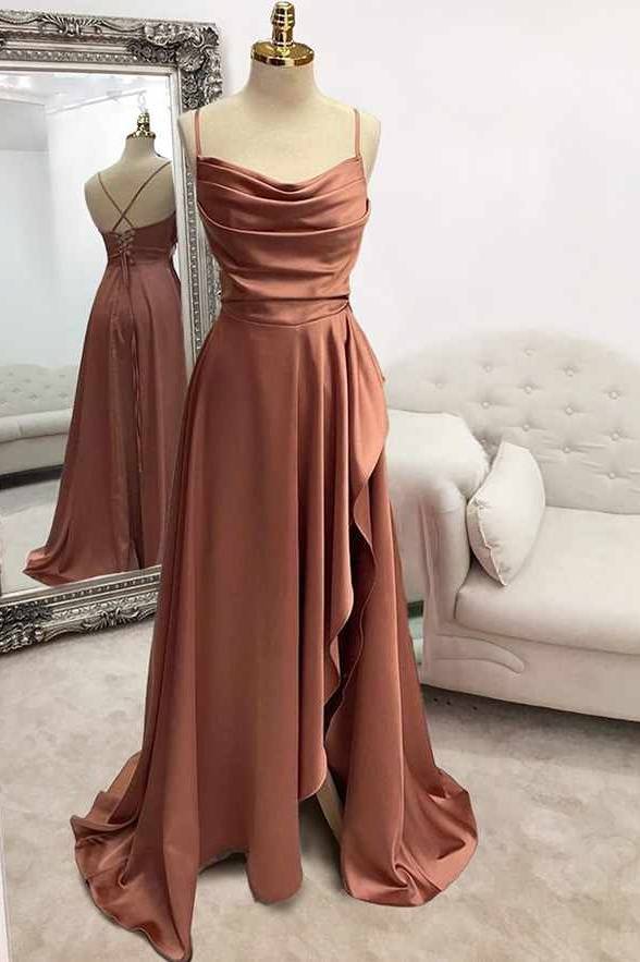 Spaghetti Straps Satin A-Line Bridesmaid Dress With Slit