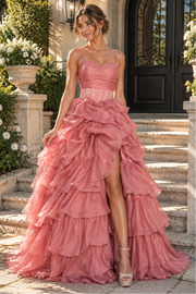 Spaghetti Straps Tiered A-Line Pearl Empire Party Prom Dress With Leg Slit