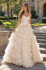 Spaghetti Straps Tiered A-Line Pearl Empire Party Prom Dress With Leg Slit
