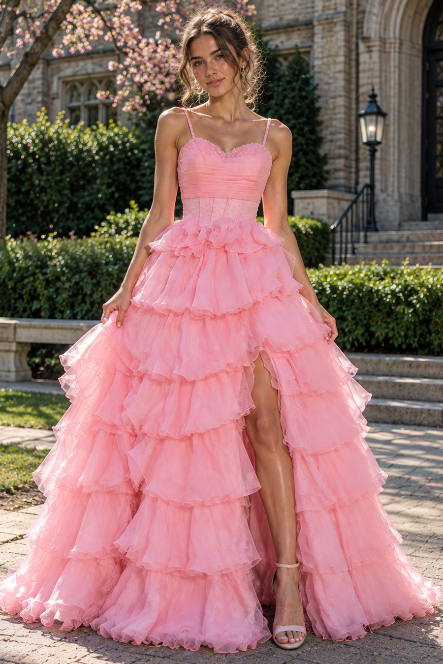 Spaghetti Straps Tiered A-Line Pearl Empire Party Prom Dress With Leg Slit