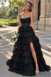 Spaghetti Straps Tiered A-Line Pearl Empire Party Prom Dress With Leg Slit