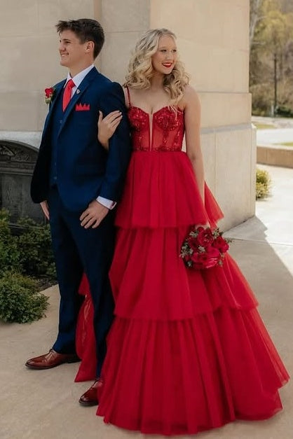 Spaghetti Straps Tulle A-Line Empire Tiered Party Prom Dress