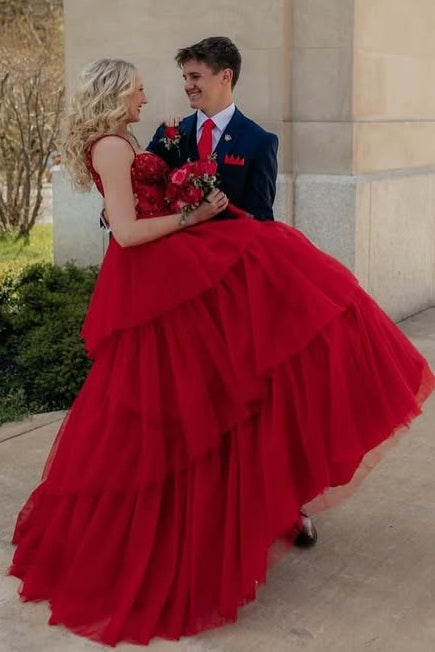 Spaghetti Straps Tulle A-Line Empire Tiered Party Prom Dress