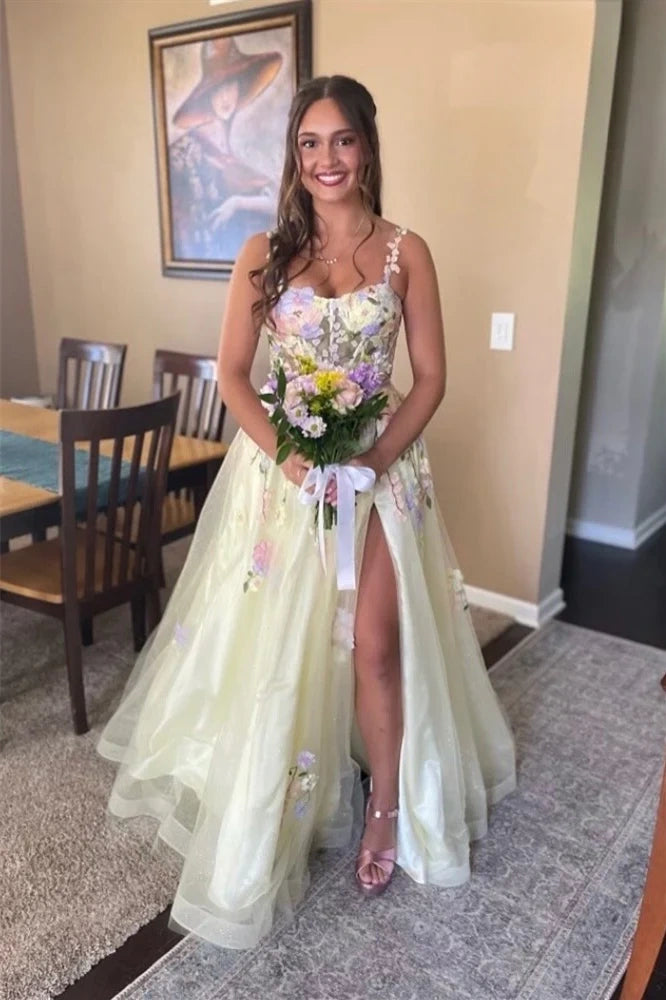Spaghetti Straps Tulle A-Line Floral Party Prom Dress 