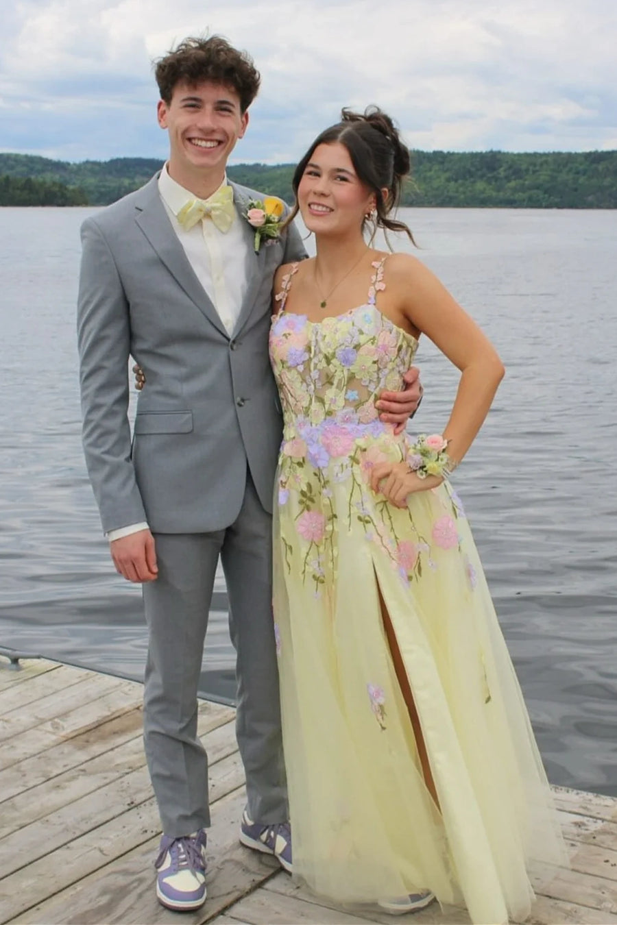 Spaghetti Straps Tulle A-Line Floral Party Prom Dress 