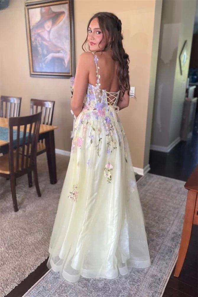 Spaghetti Straps Tulle A-Line Floral Party Prom Dress 