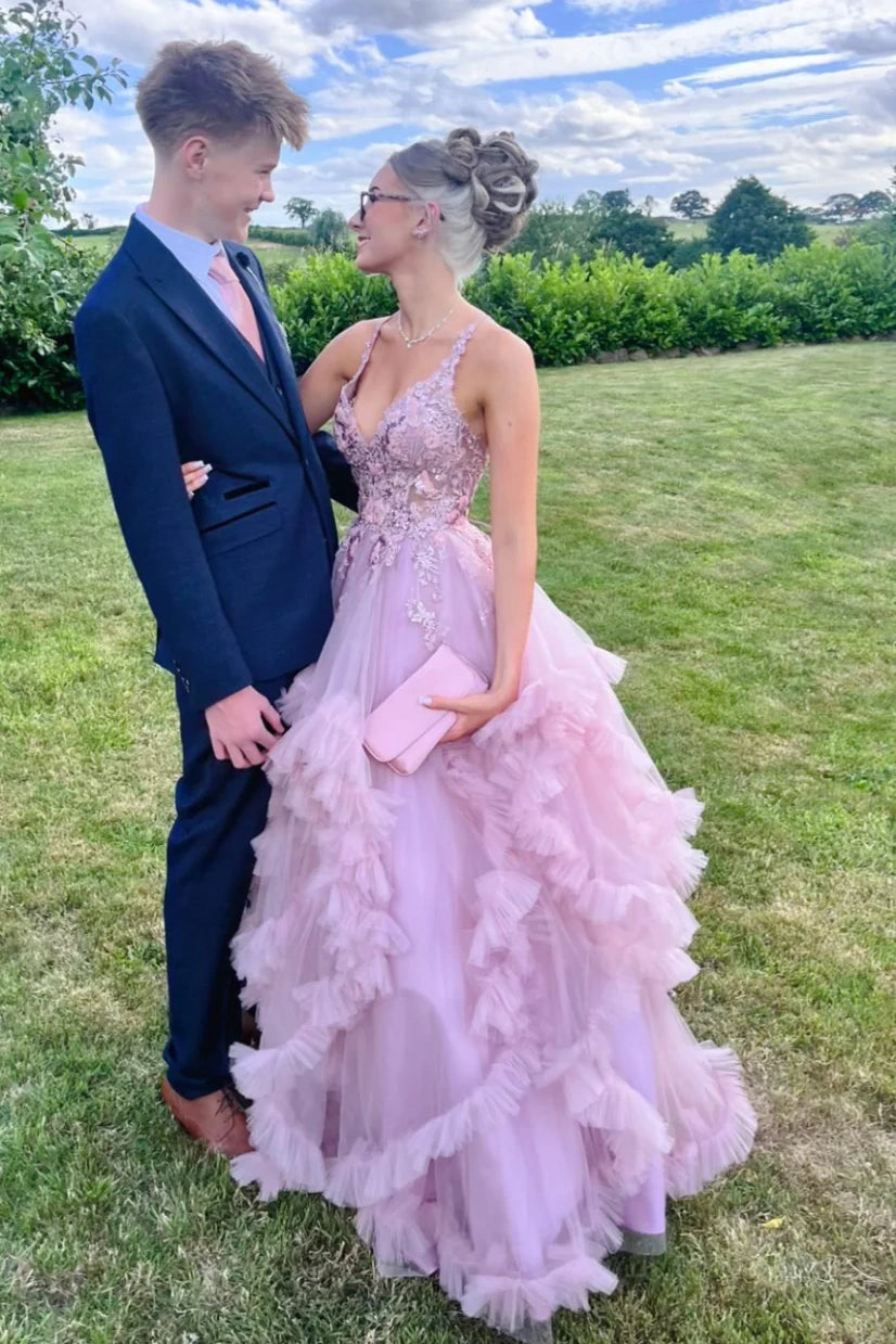 Spaghetti Straps Tulle A-Line High Waist Formal Prom Gown 