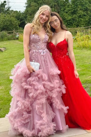 Spaghetti Straps Tulle A-Line High Waist Formal Prom Gown 