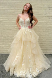 Spaghetti Straps Tulle A-Line Lace Appliques Prom Party Dress