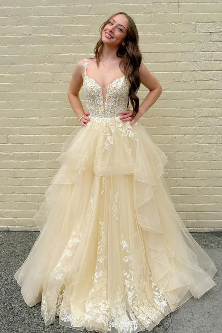 Spaghetti Straps Tulle A-Line Lace Appliques Prom Party Dress