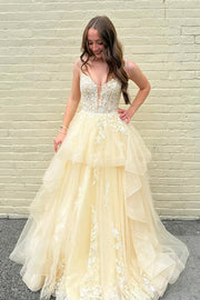 Spaghetti Straps Tulle A-Line Lace Appliques Prom Party Dress