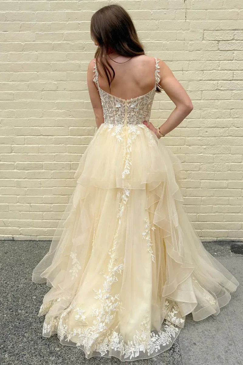 Spaghetti Straps Tulle A-Line Lace Appliques Prom Party Dress